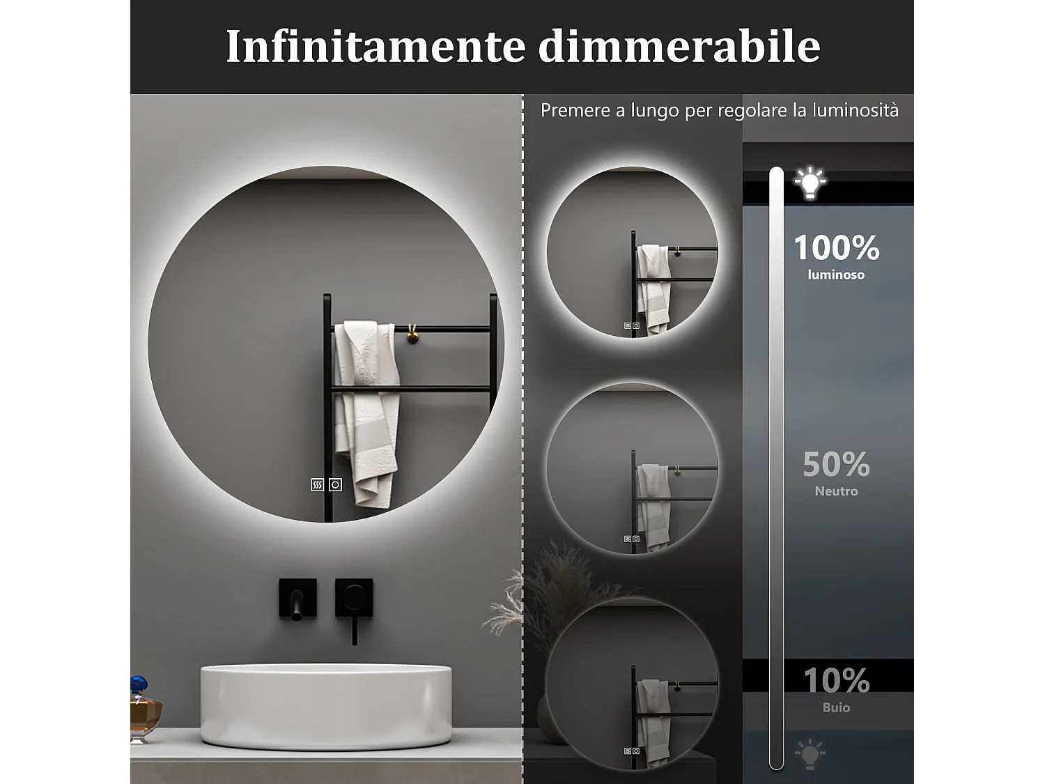 Aica 90x90cm Specchio da bagno a LED, 3 Temperature di Colore, Disappannamento, Retroilluminato
