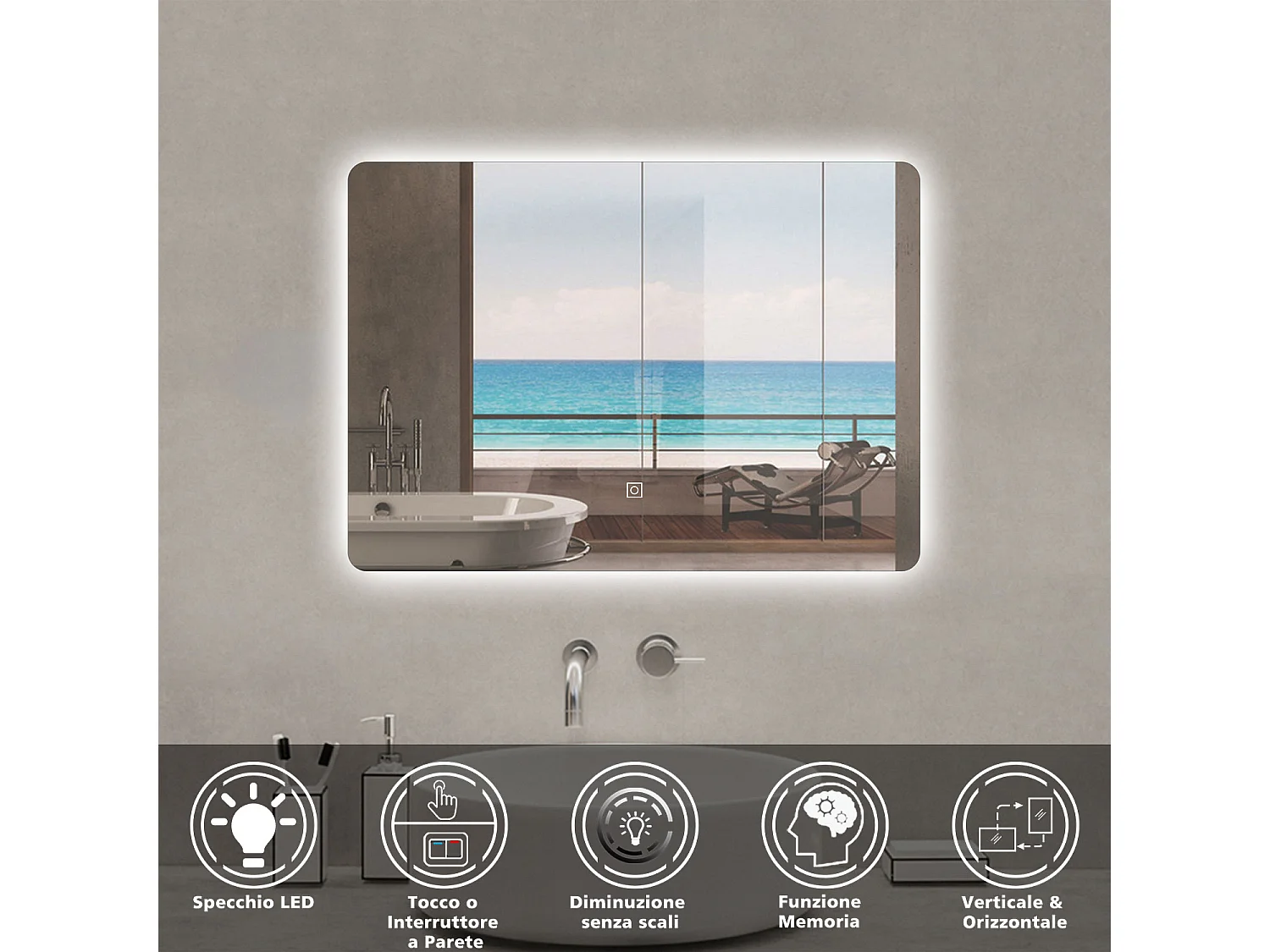 Aica Specchio da bagno a LED, 90x60cm, Infinitamente Dimmerabile, Funzione Memoria, Estetica Elegante