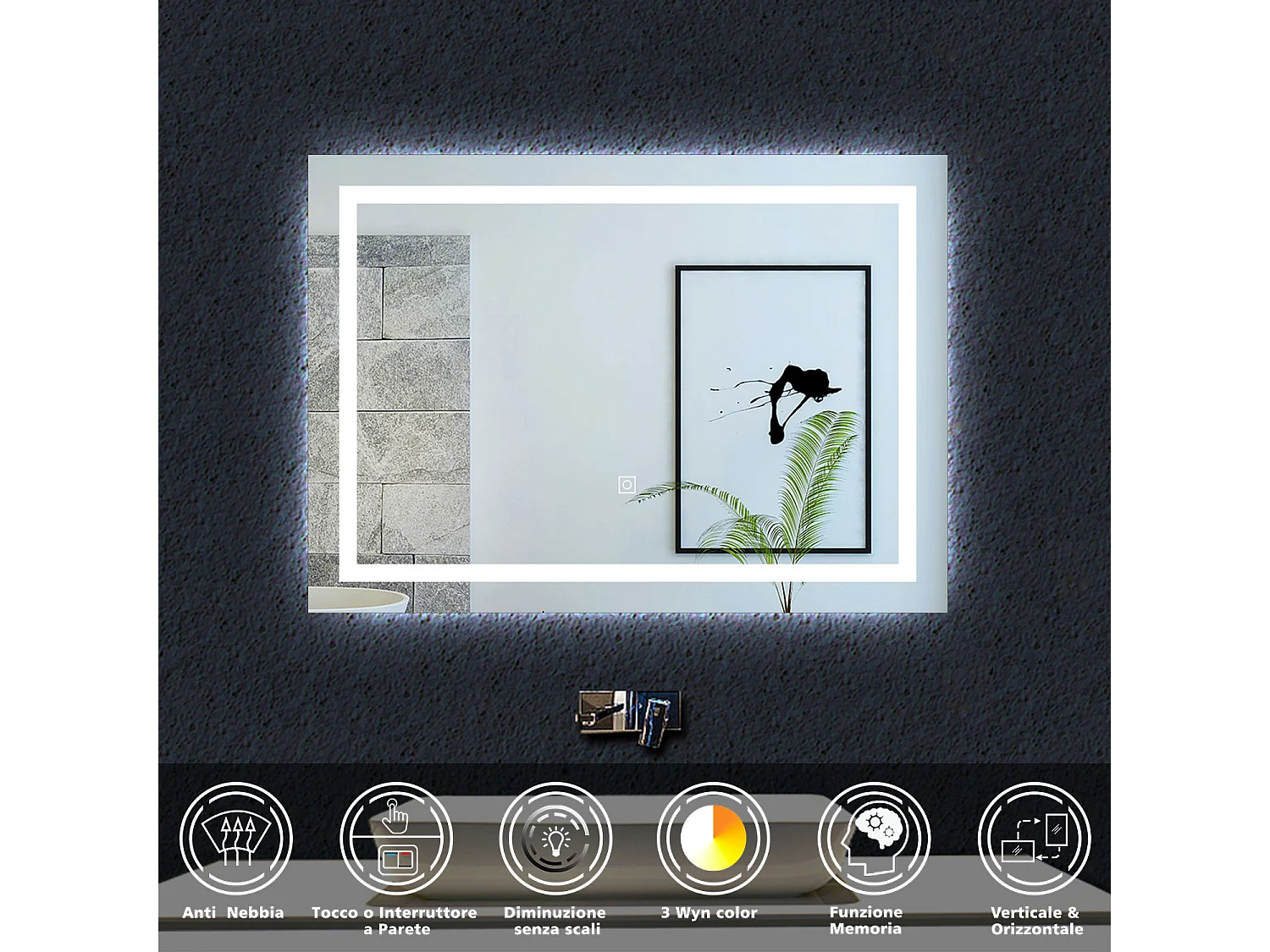 Aica Specchio da bagno a LED, 70x50cm, Disappannamento, Infinitamente Dimmerabile, Funzione Memoria, 3 Temperature di Colore