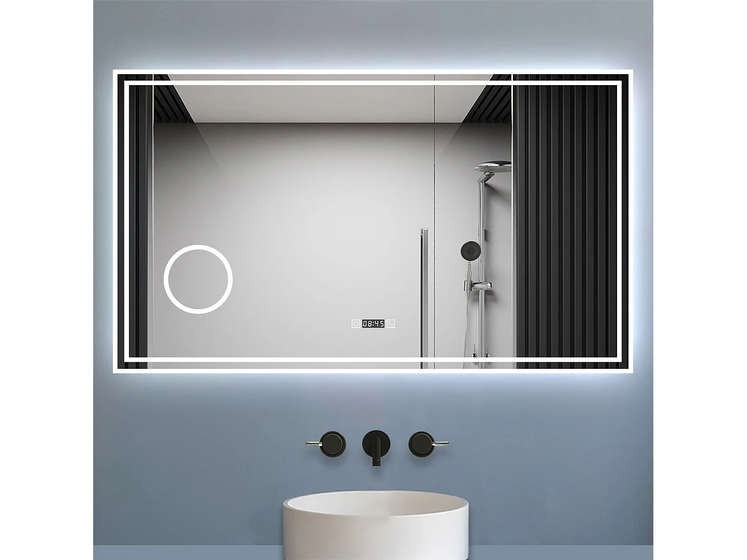 AICA Specchio da bagno rettangolare con LED,120x70cm,orologio,Altoparlante Bluetooth,Disappannamento,Estetica Elegante