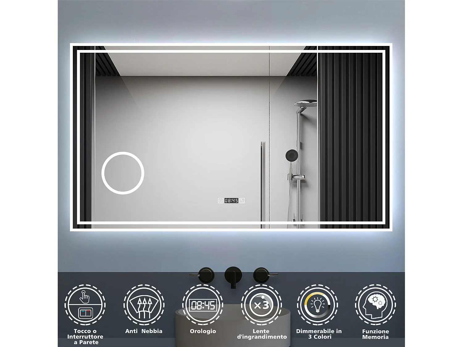 AICA Specchio da bagno rettangolare con LED,120x70cm,orologio,Altoparlante Bluetooth,Disappannamento,Estetica Elegante