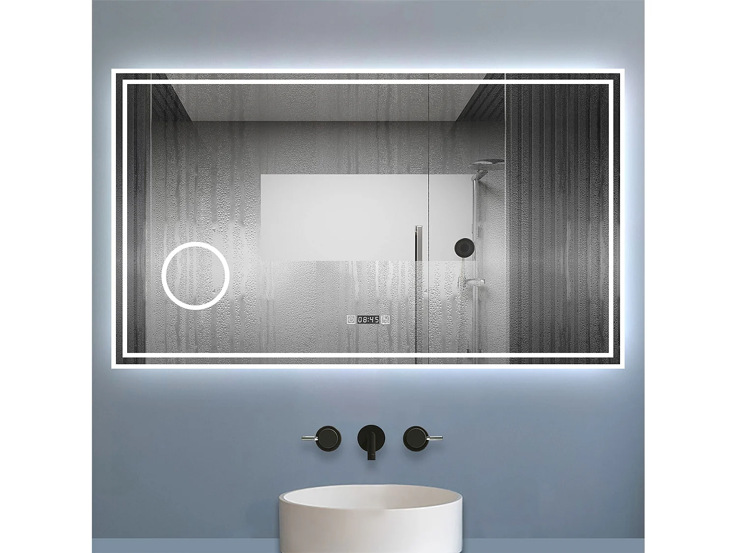 AICA Specchio da bagno rettangolare con LED,120x70cm,orologio,Altoparlante Bluetooth,Disappannamento,Estetica Elegante