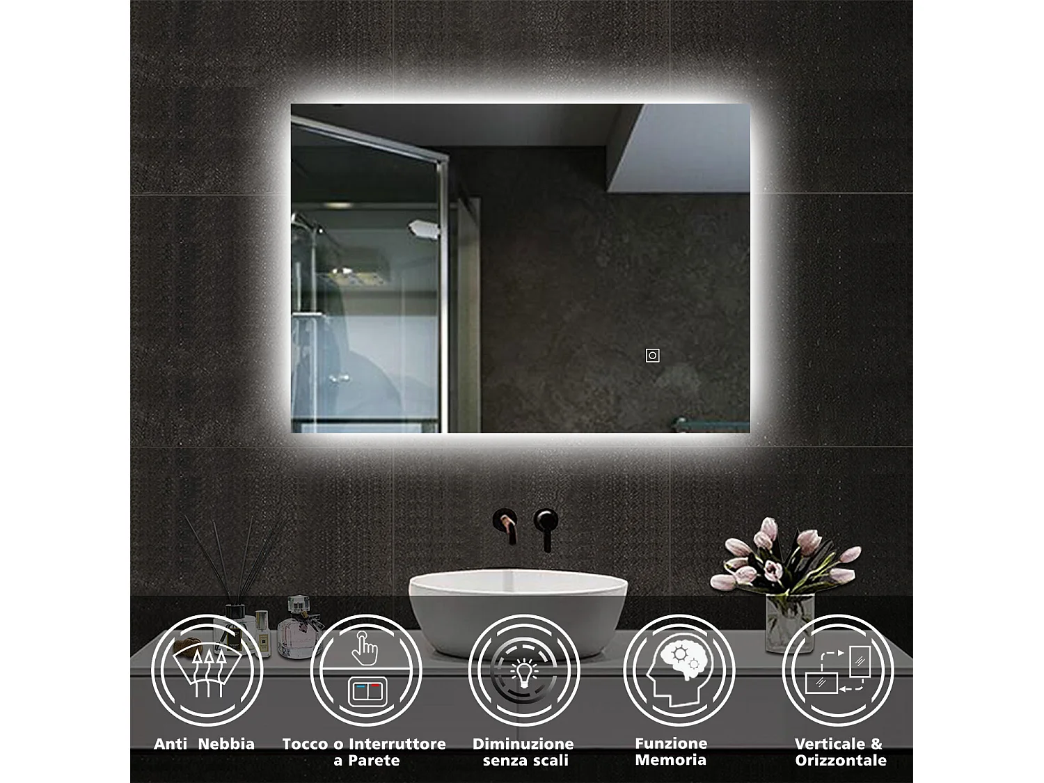Aica Specchio da bagno a LED, 90x70cm, Disappannamento, Funzione Memoria, Infinitamente Dimmerabile