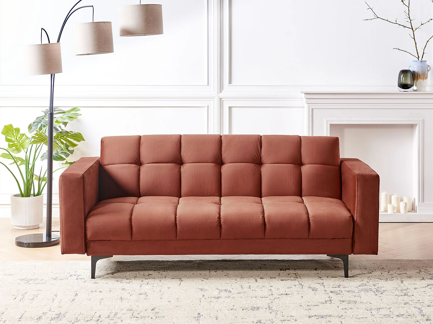 Sofa Samtstoff rot gesteppt 3-Sitzer verstellbare Rückenlehne Alnes