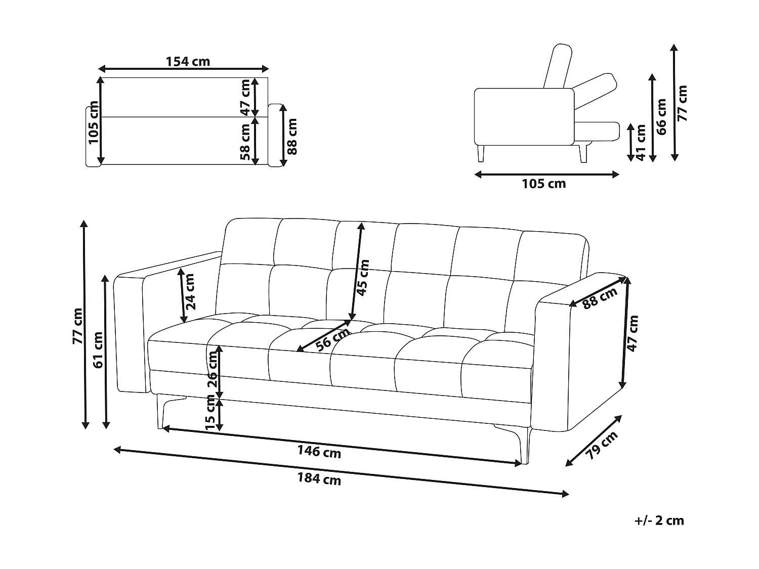 Sofa Samtstoff rot gesteppt 3-Sitzer verstellbare Rückenlehne Alnes
