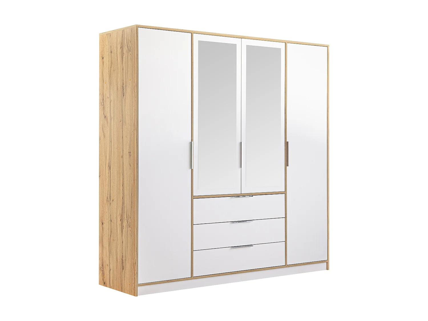 Armoire 4 portes et 3 tiroirs - Avec miroirs - L196 cm - Coloris : Naturel et blanc - LAMIKI