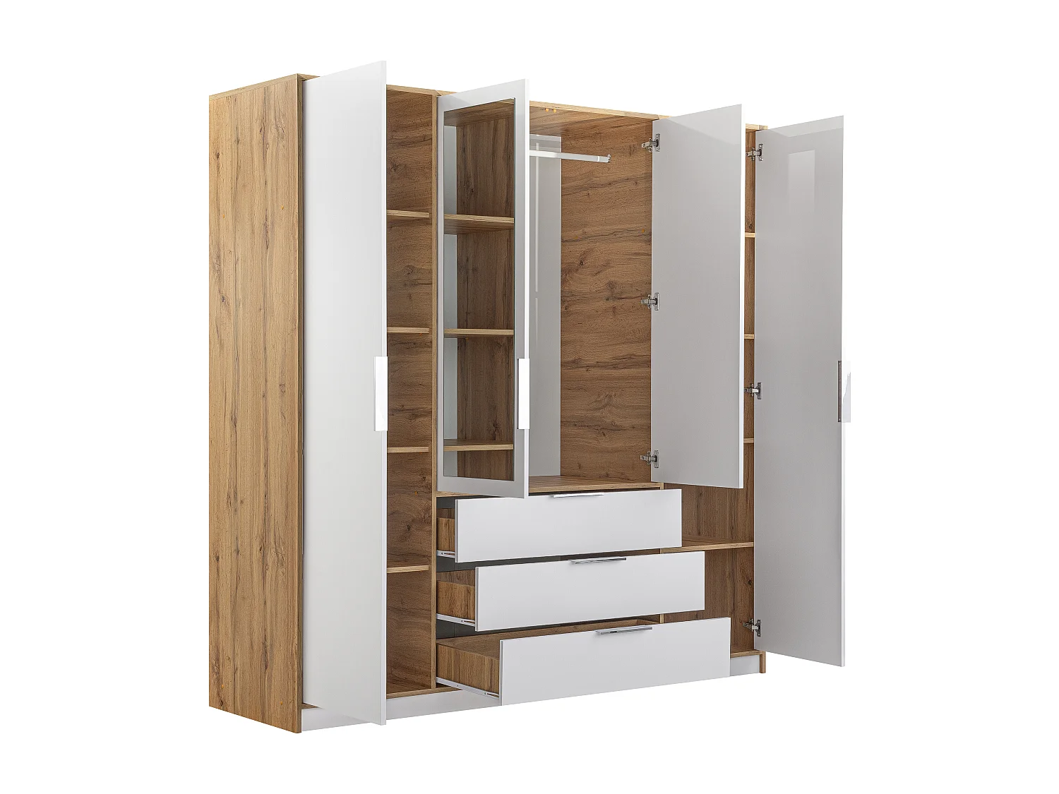 Armoire 4 portes et 3 tiroirs - Avec miroirs - L196 cm - Coloris : Naturel et blanc - LAMIKI