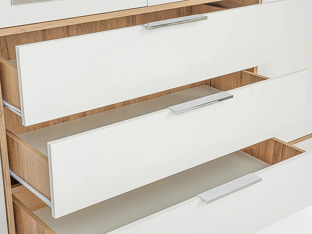 Armoire 4 portes et 3 tiroirs - Avec miroirs - L196 cm - Coloris : Naturel et blanc - LAMIKI