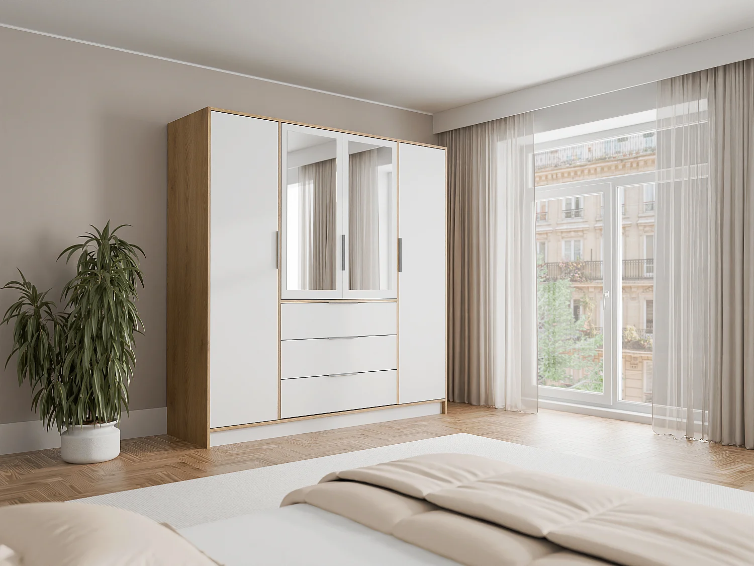 Armoire 4 portes et 3 tiroirs - Avec miroirs - L196 cm - Coloris : Naturel et blanc - LAMIKI