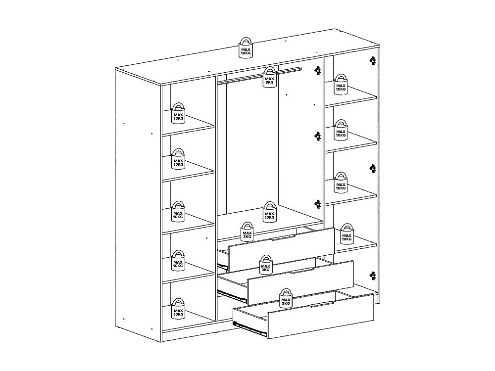 Kast met 4 deuren en 3 lades - Met spiegels - L196 cm - Kleur: naturel en wit - LAMIKI