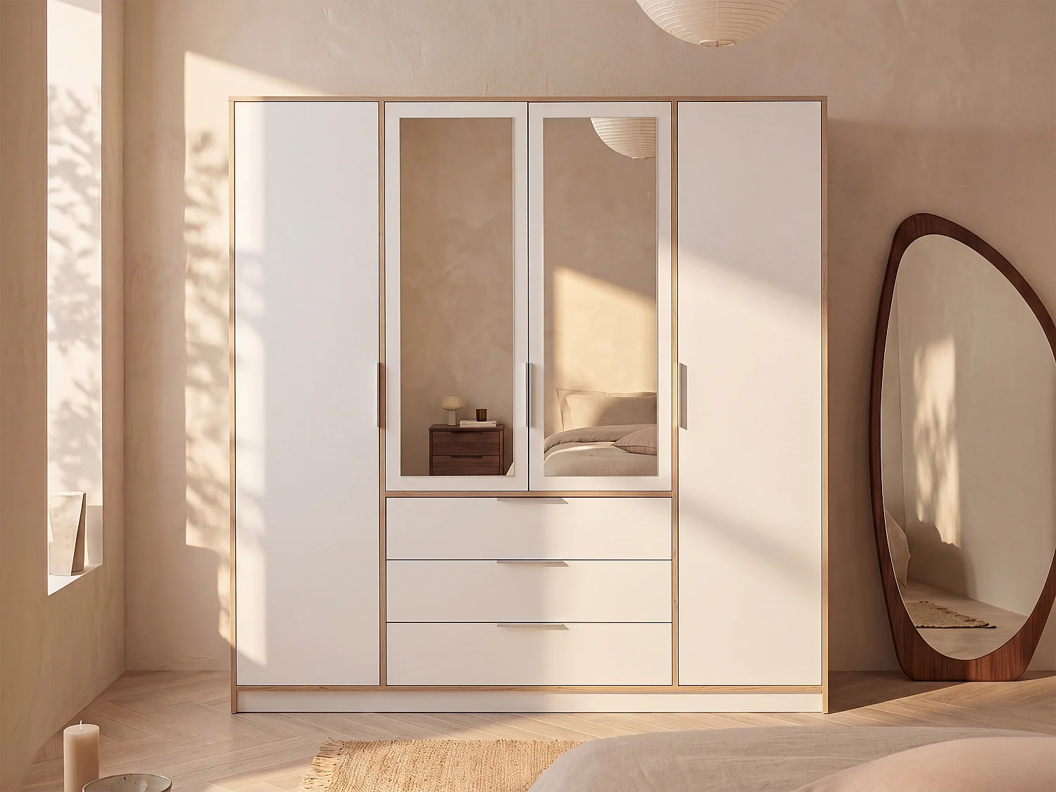 4-Door and 3-Drawer Wardrobe - With Mirrors - W196 cm - Colour: Natural and White - LAMIKI