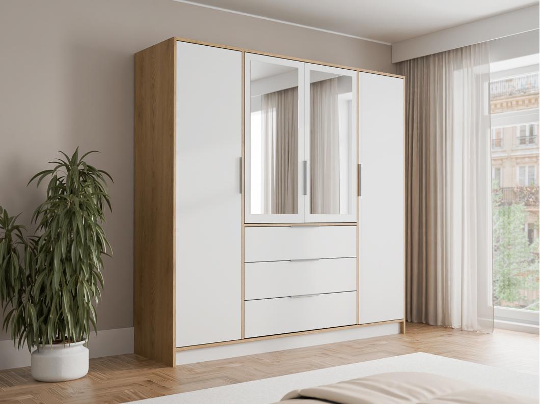 Armoire 4 portes et 3 tiroirs - Avec miroirs - L196 cm - Coloris : Naturel et blanc - LAMIKI