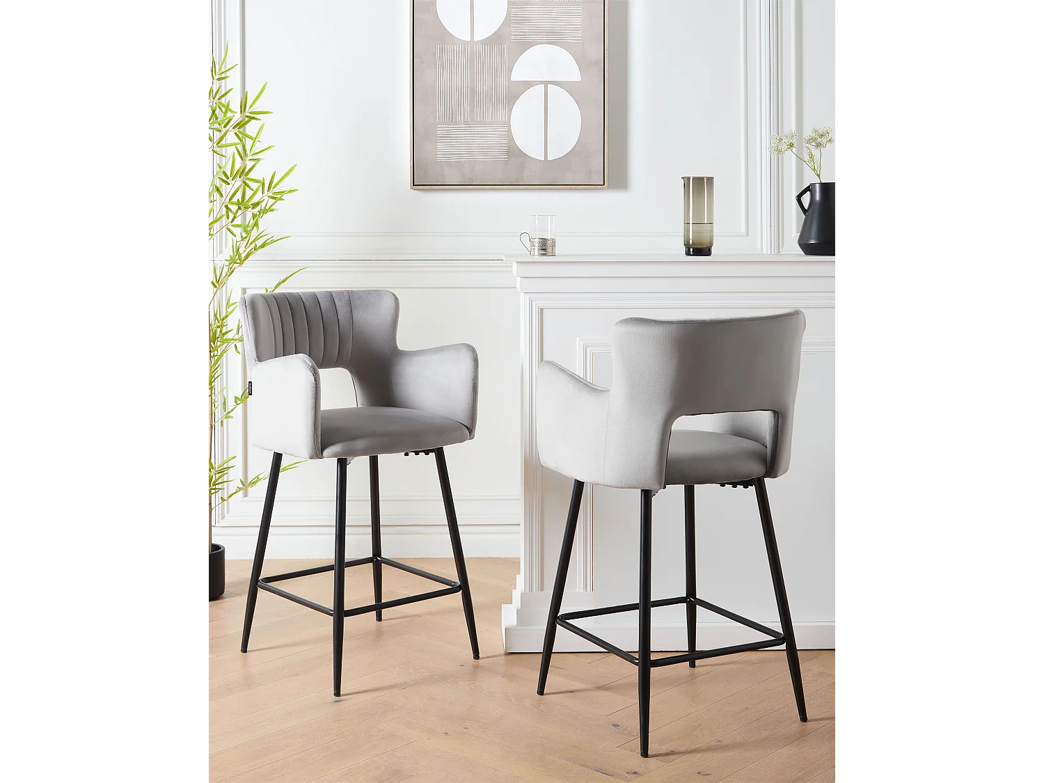 Lot de 2 chaises de bar SANILAC Velours Gris clair