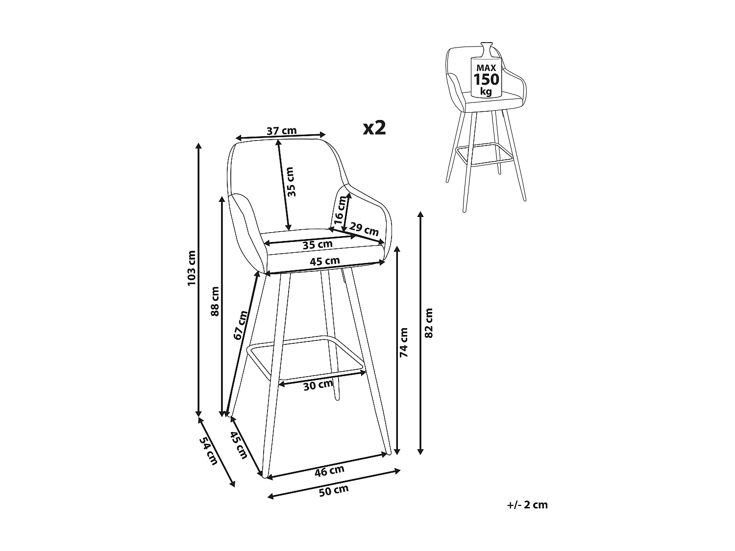 Lot de 2 chaises de bar CASMALIA Velours Gris clair