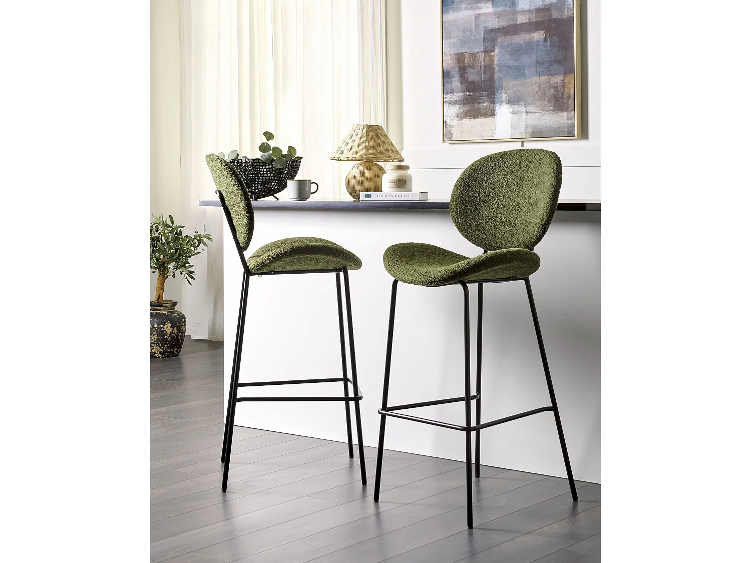 Set of 2 Bar Chairs LUANA Boucle Dark Green