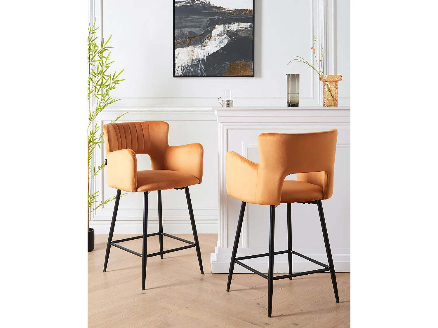Lot de 2 chaises de bar SANILAC Velours Orange