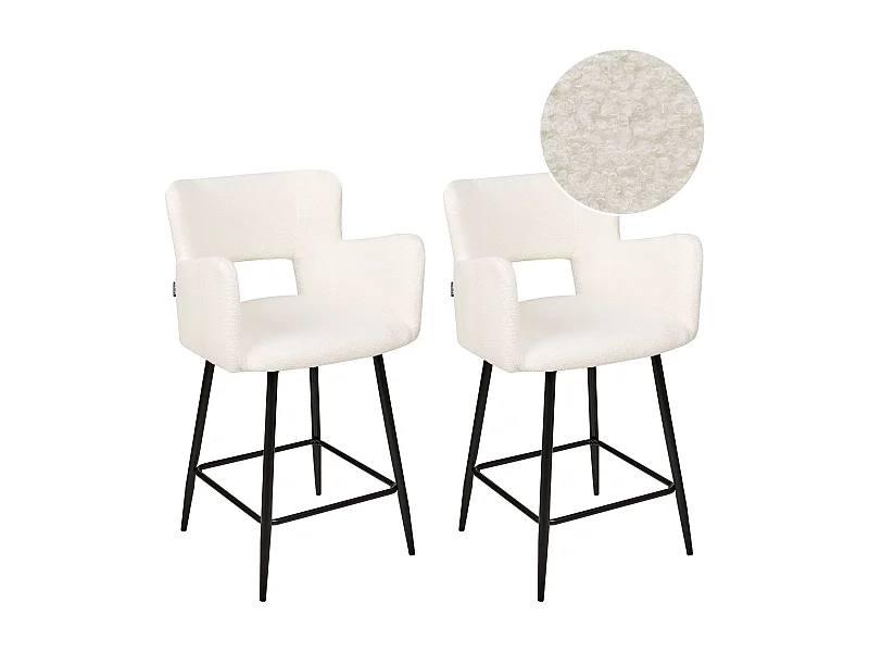 Barstuhl Bouclé weiß creme mit Rückenlehne Armlehnen Fußstütze modern Sanilac