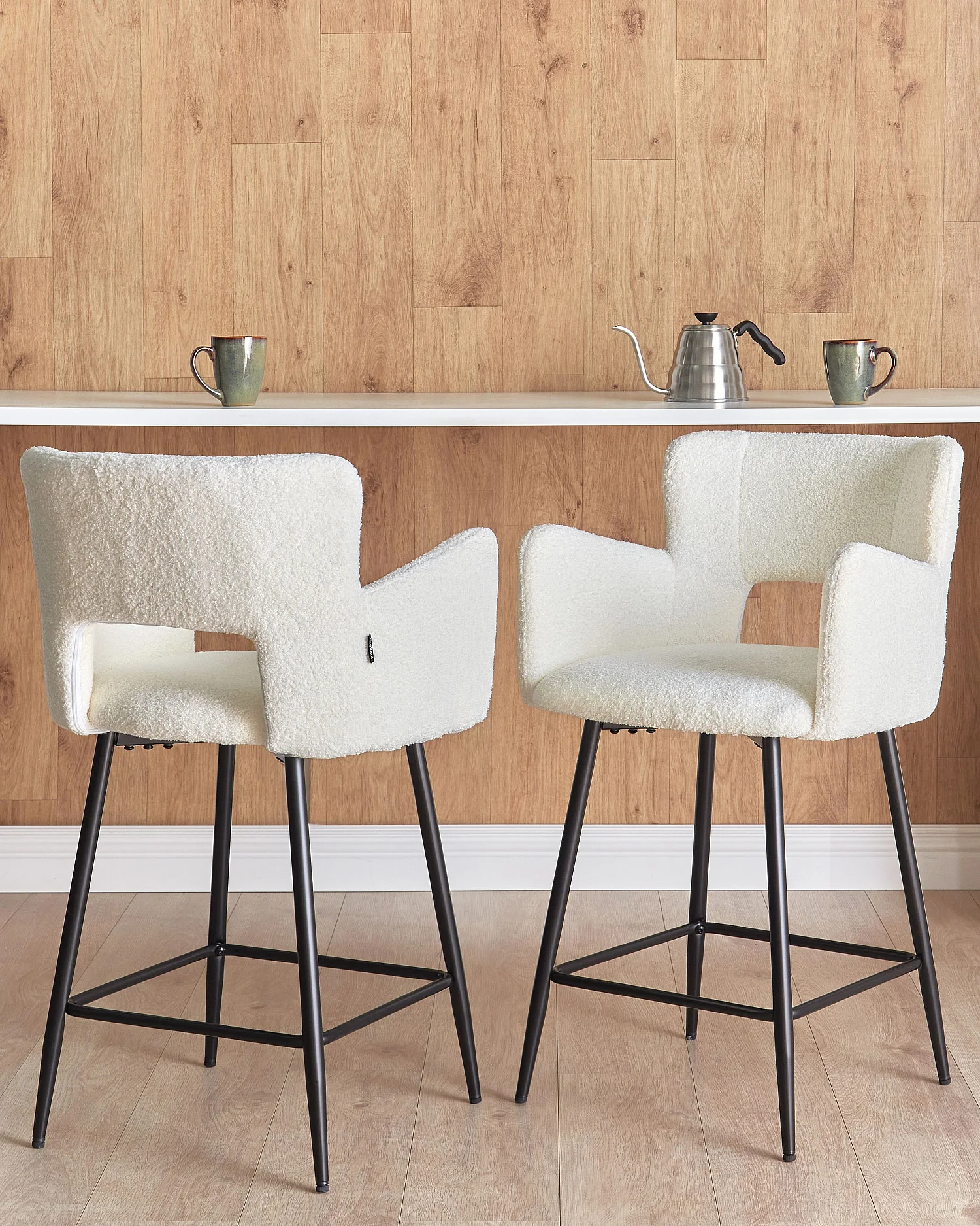 Lot de 2 chaises de bar SANILAC Bouclé Blanc cassé