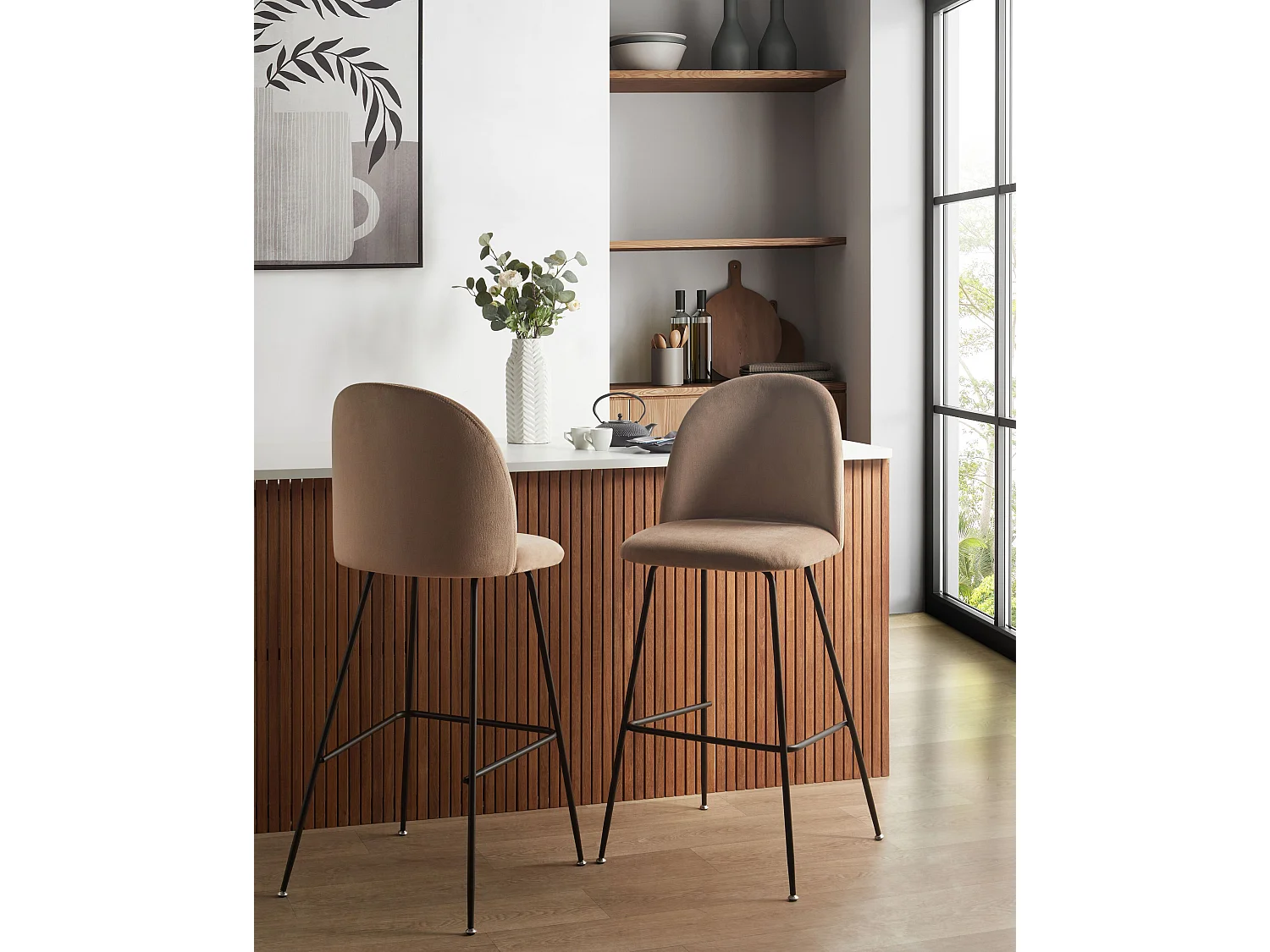 Barstühle 2er Set aus Samtstoff beige / taupe schwarze Beine modern Arcola