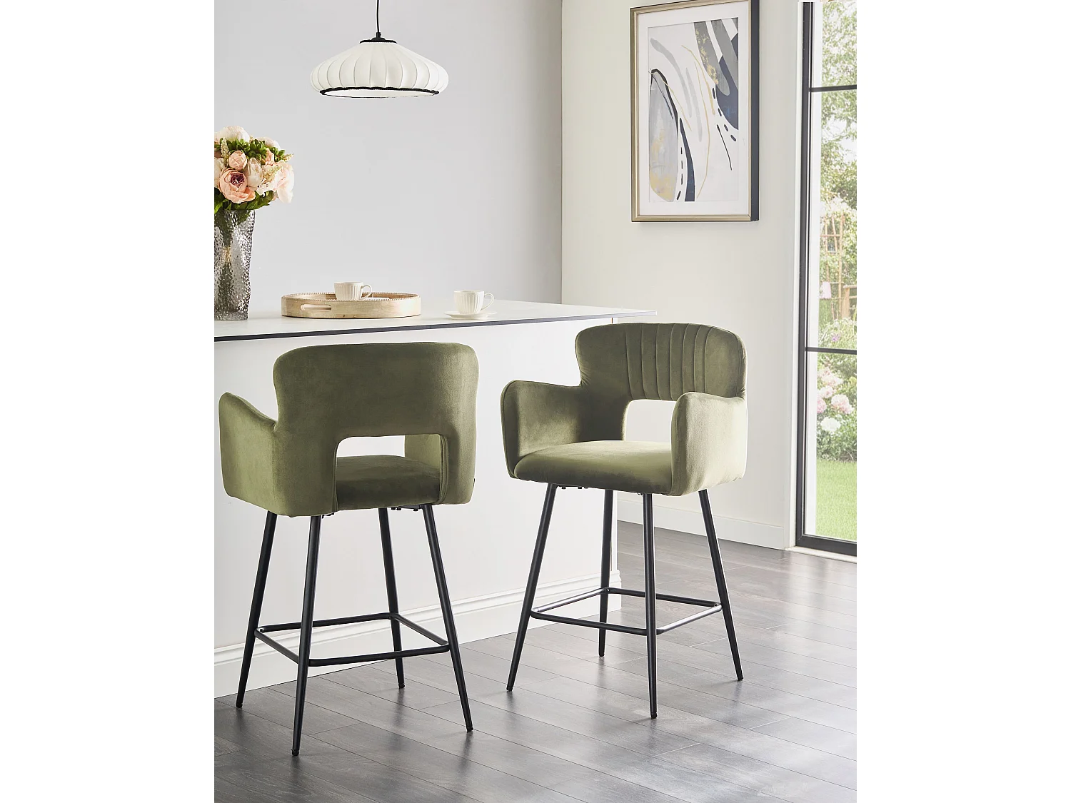 Lot de 2 chaises de bar SANILAC Velours Vert olive