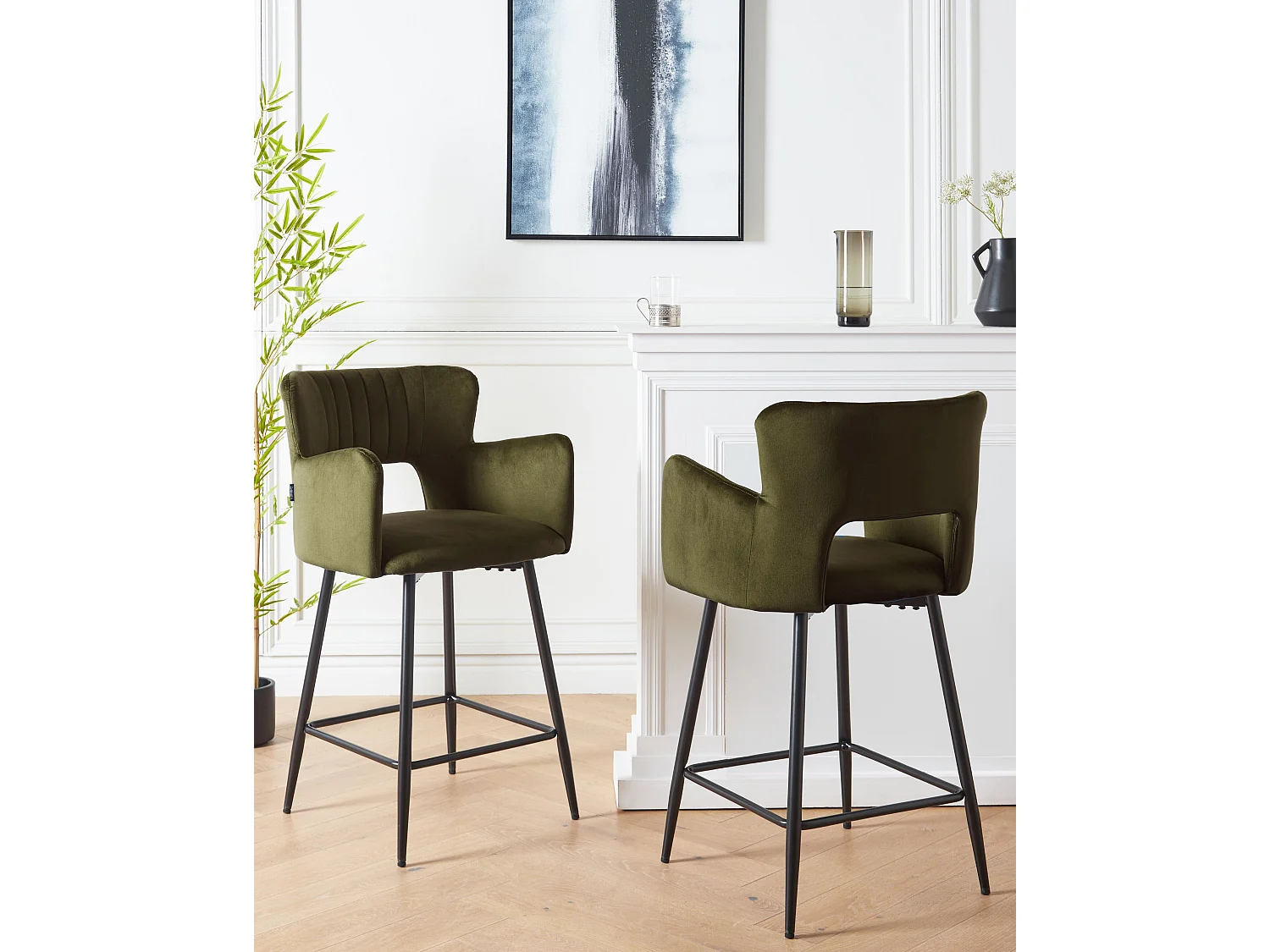 Set mit 2 Barstühlen SANILAC Samtstoff Olivgrün