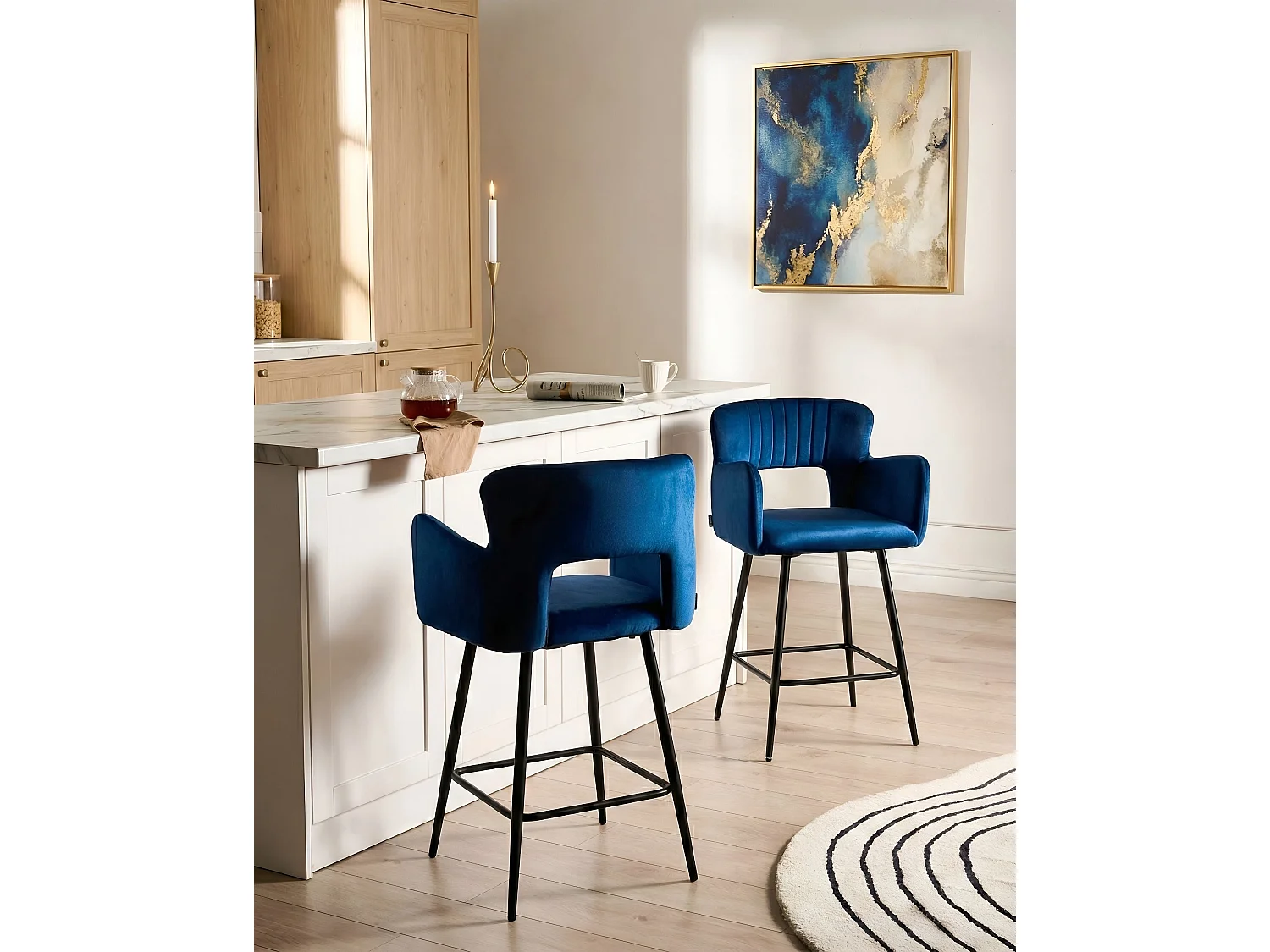 Lot de 2 chaises de bar SANILAC Velours Bleu marine