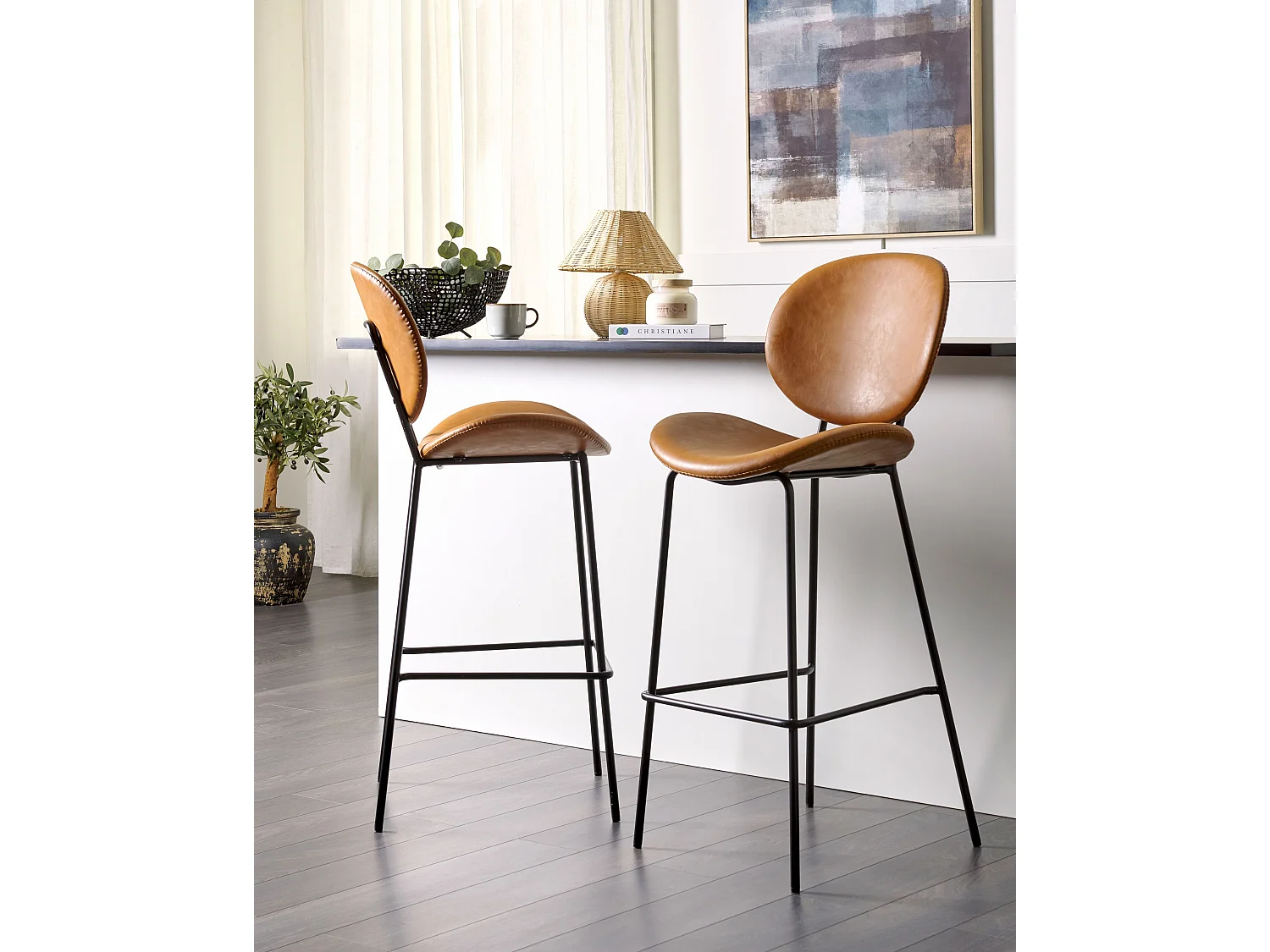 Lot de 2 chaises de bar LUANA Cuir PU Marron doré