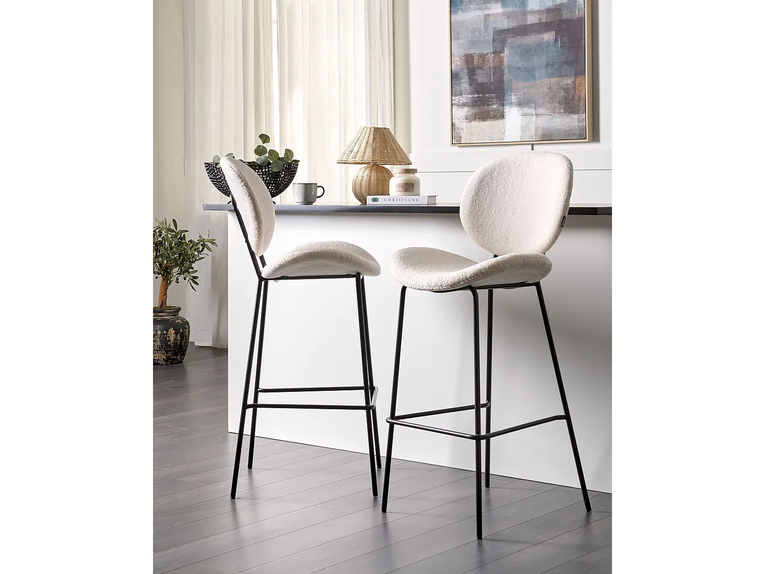 Lot de 2 chaises de bar LUANA Bouclé Blanc