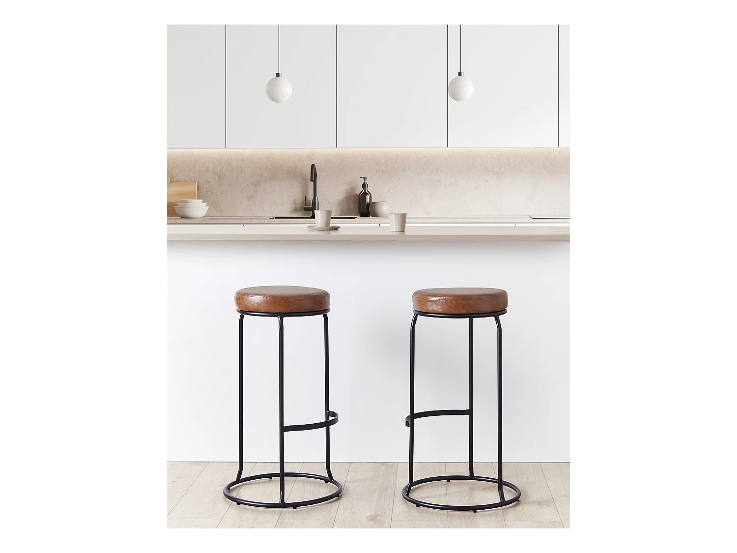 Barhocker 2er Set Kunstleder Braun ohne Lehne mit Fußstützen Retro Milroy