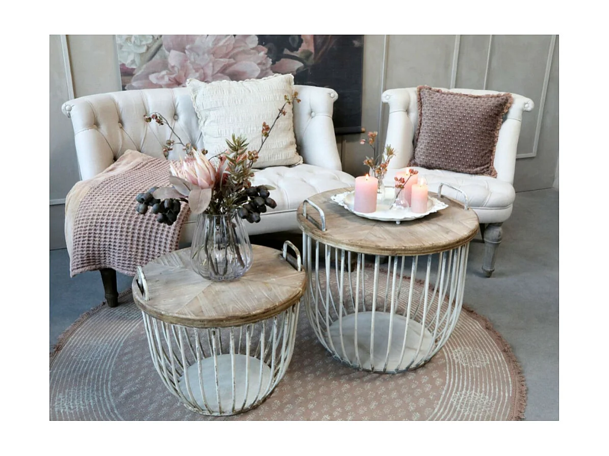 Canapé en bois de chêne et lin crème 110 x 55 x 75 cm