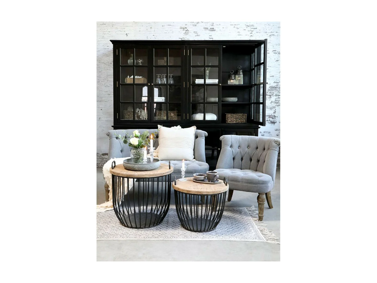 Canapé en bois de chêne et lin gris 110 x 55 x 75 cm