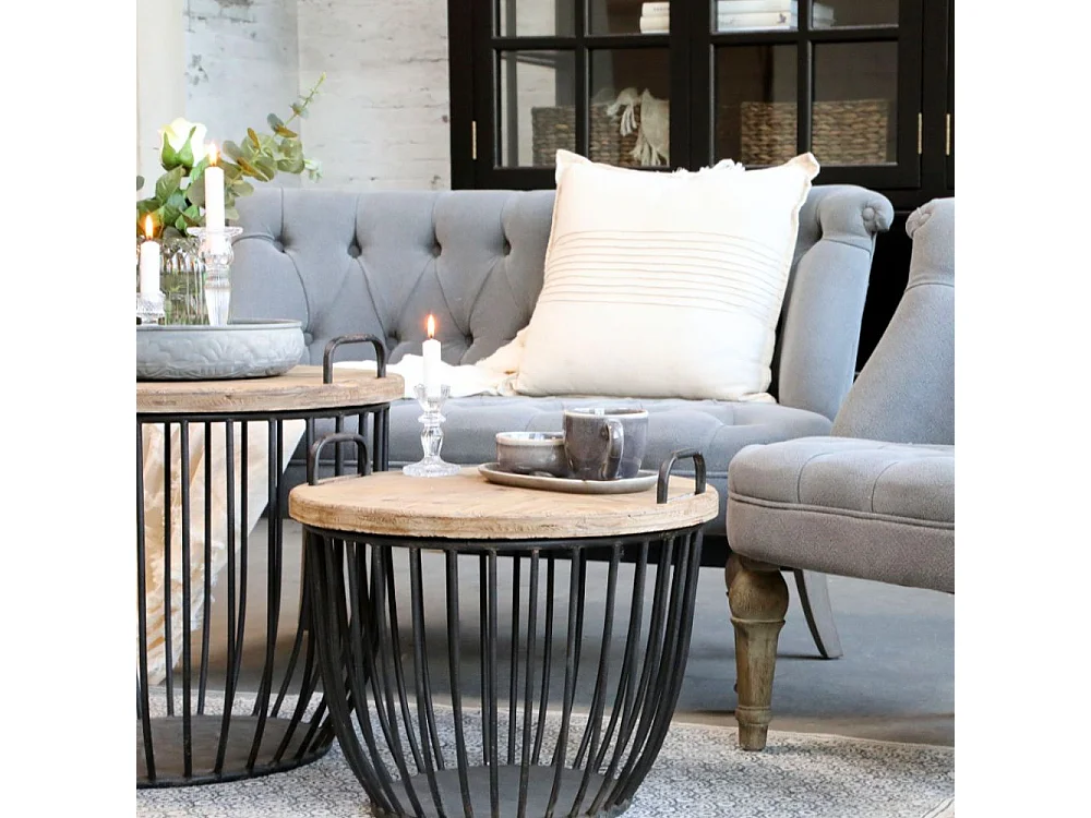 Canapé en bois de chêne et lin gris 110 x 55 x 75 cm