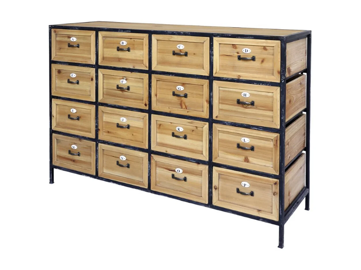 Commode 16 tiroirs en bois marron et fer noir 119.5 x 39 x 82 cm
