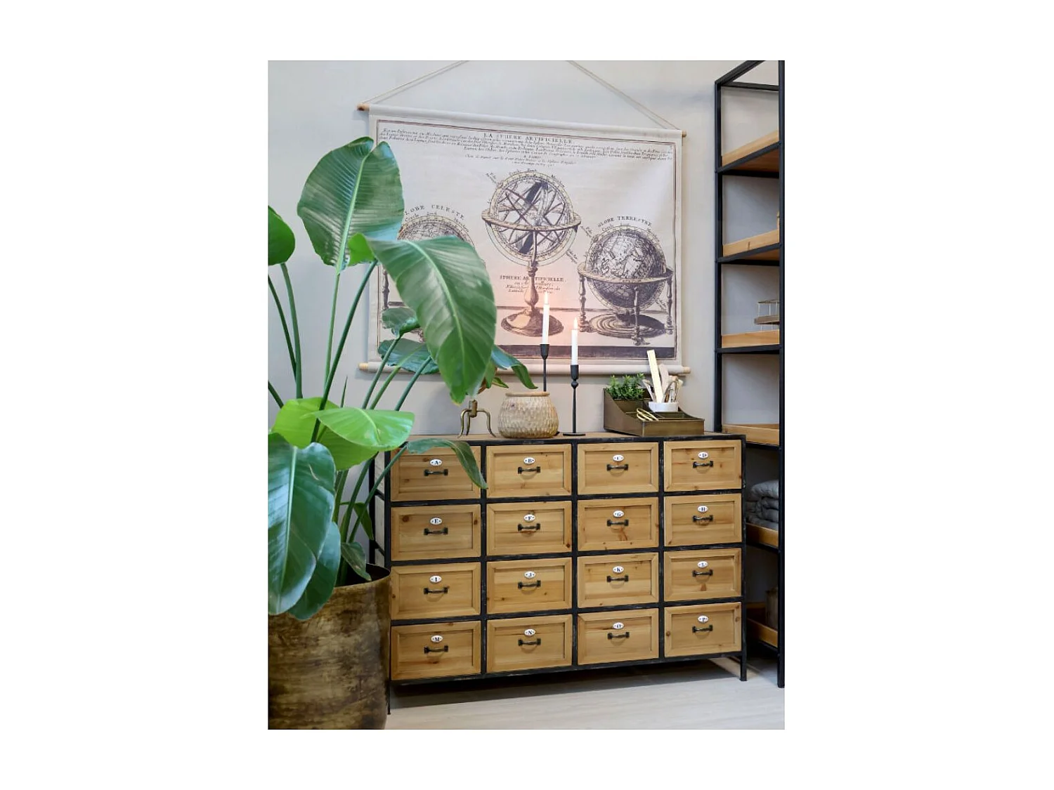 Commode 16 tiroirs en bois marron et fer noir 119.5 x 39 x 82 cm