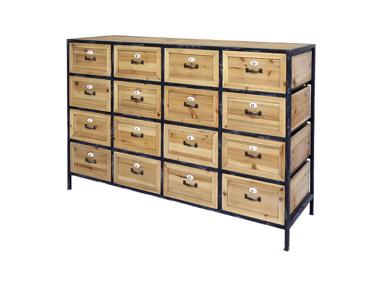 Commode 16 tiroirs en bois marron et fer noir 119.5 x 39 x 82 cm