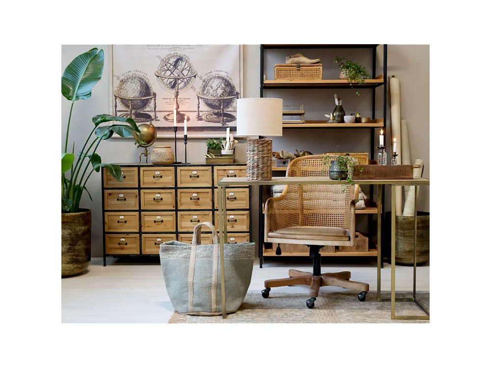 Commode 16 tiroirs en bois marron et fer noir 119.5 x 39 x 82 cm