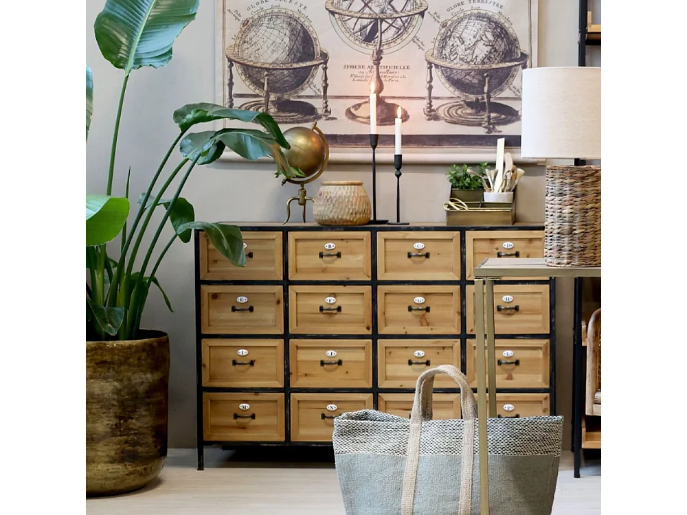 Commode 16 tiroirs en bois marron et fer noir 119.5 x 39 x 82 cm