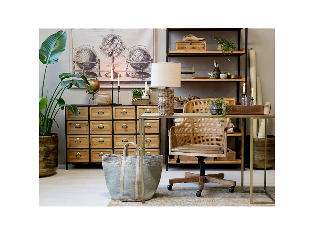 Commode 16 tiroirs en bois marron et fer noir 119.5 x 39 x 82 cm