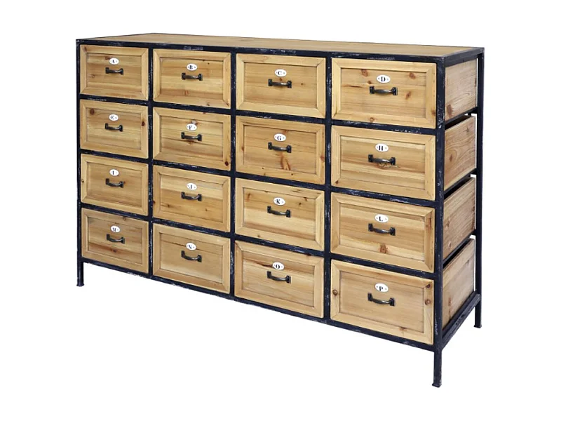 Commode 16 tiroirs en bois marron et fer noir 119.5 x 39 x 82 cm