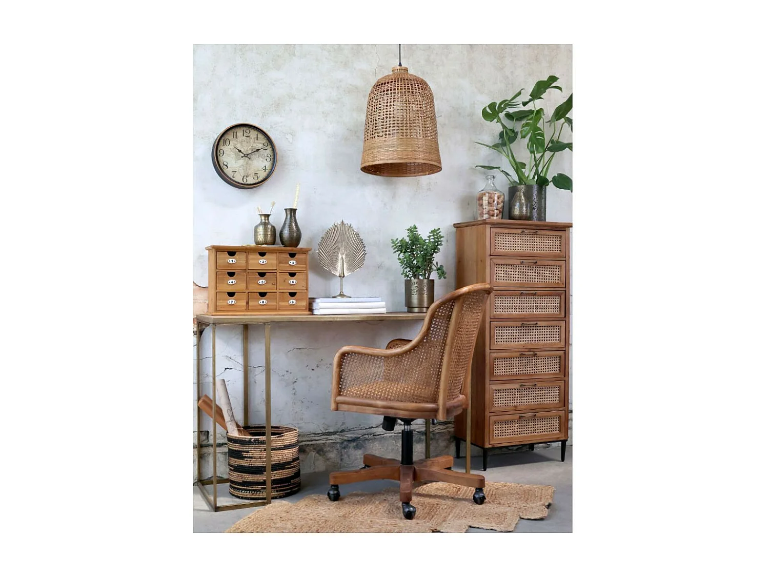 Chaise de bureau antique en rotin et bois de bouleau 62 x 62 x 92 cm