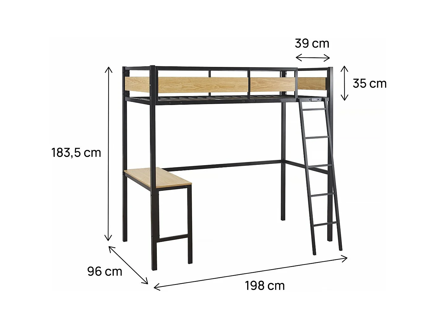 Lit mezzanine avec bureau "Ethan" - 90 x 190 cm - Noir