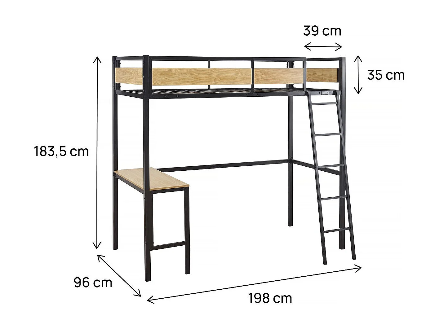 Lit mezzanine avec bureau "Ethan" - 90 x 190 cm - Noir