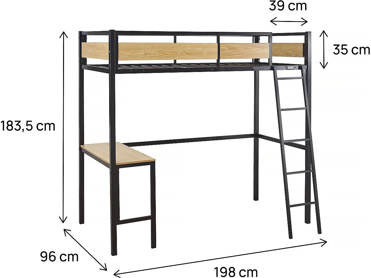 Lit mezzanine avec bureau "Ethan" - 90 x 190 cm - Noir