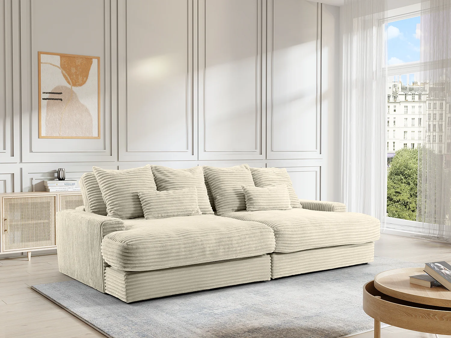 Comfortabele vierzitsbank met diepe zitting van beige ribfluweel met brede ribbels CALAZO van Pascal Morabito
