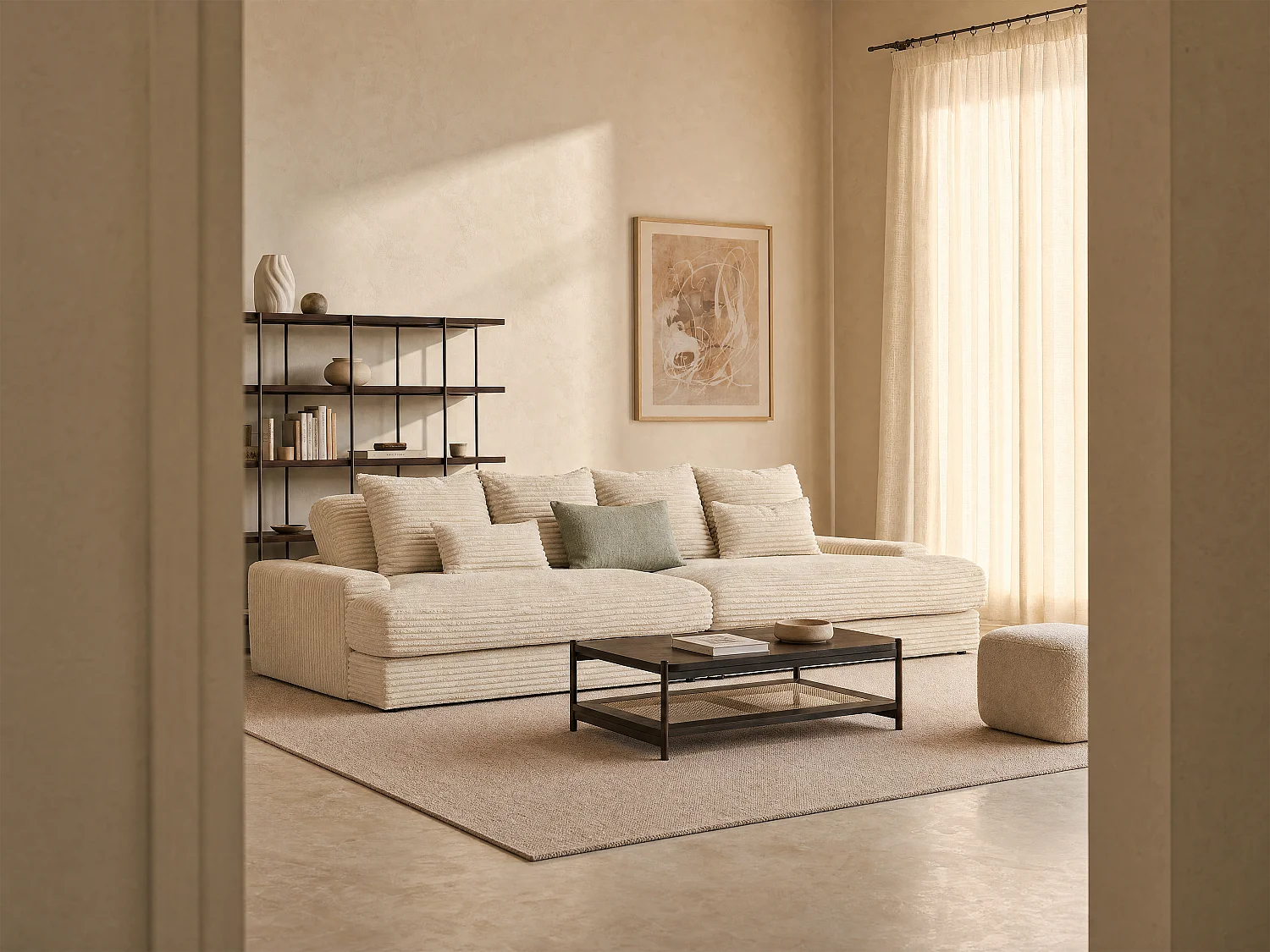 Canapé 4 places confort assise profonde en velours côtelé grosses côtes beige CALAZO | Comfortabele vierzitsbank met diepe zitting van beige ribfluweel met brede ribbels CALAZO