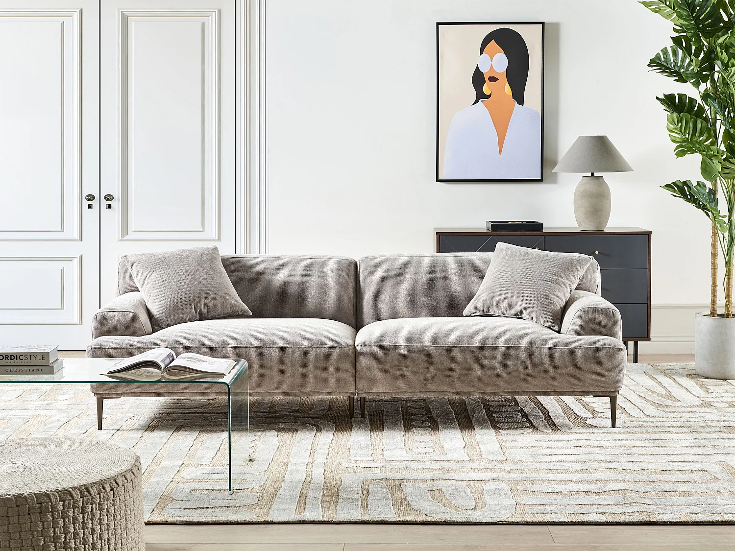 3-Sitzer Sofa Stoffbezug grau Metallbeine tiefe Sitzfläche Dekokissen Matila