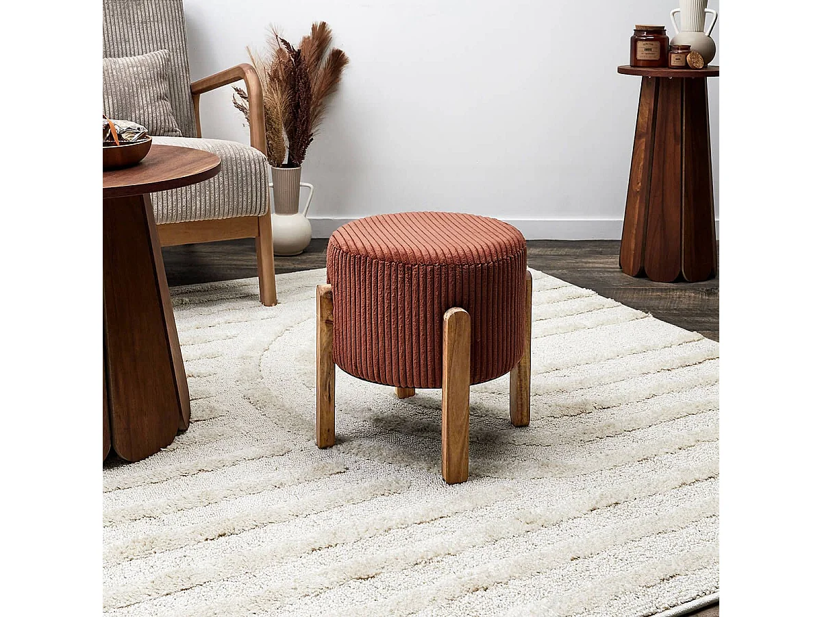 AMORY - Lot de 2 Tabourets en velours côtelé coloris terracotta pieds en acacia