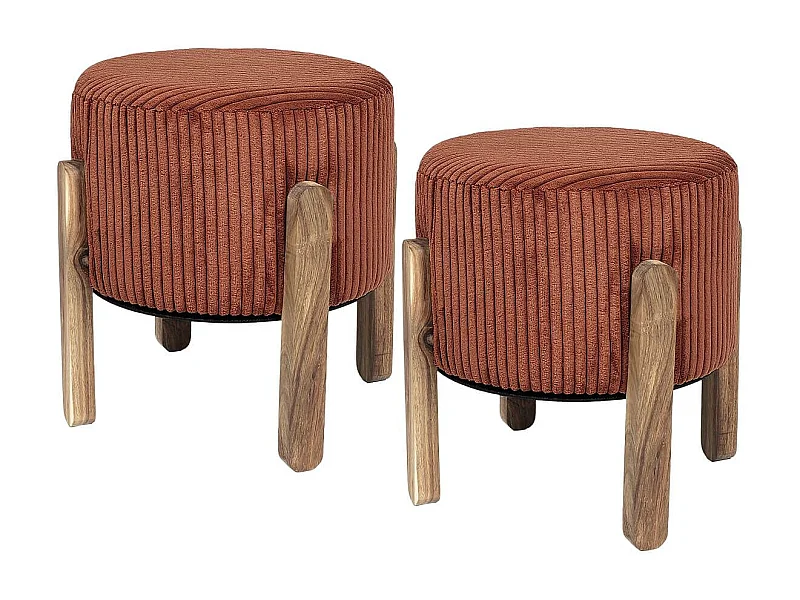 AMORY - Lot de 2 Tabourets en velours côtelé coloris terracotta pieds en acacia