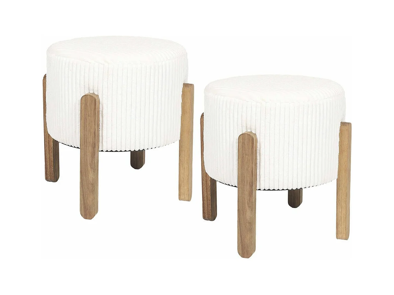 AMORY - Lot de 2 Tabourets en velours côtelé coloris crème pieds en acacia