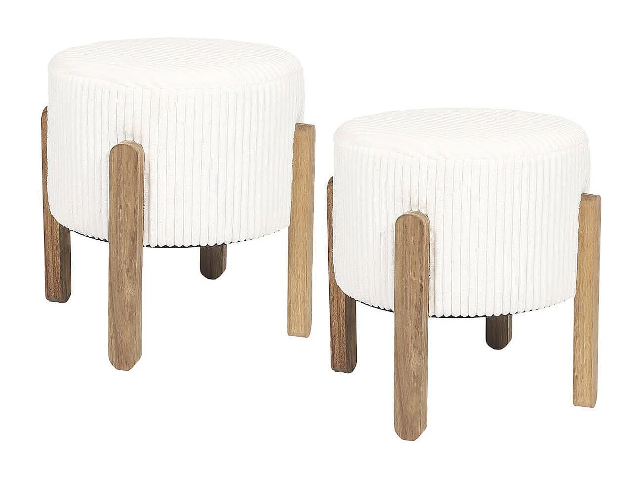 AMORY - Lot de 2 Tabourets en velours côtelé coloris crème pieds en acacia